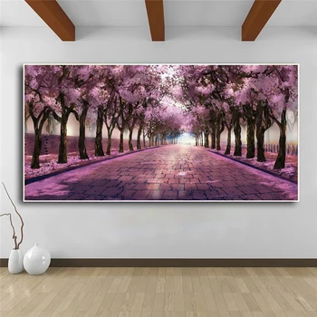 Неподвижность Фиолетовое дерево Дорога Картина маслом на холсте Пейзаж Настенное искусство Плакаты Принты Настенная картина для гостиной